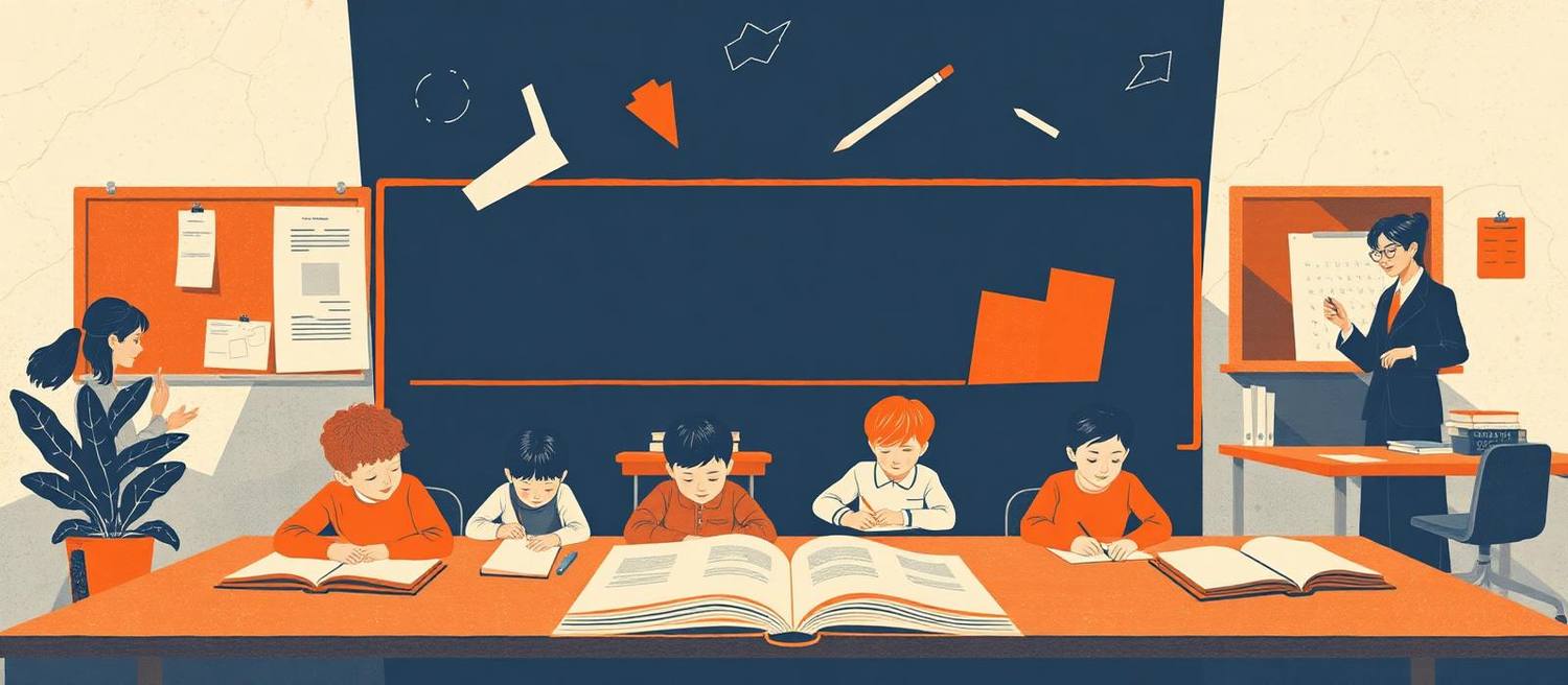 Illustration of a classroom with pupils reading and a teacher at the board